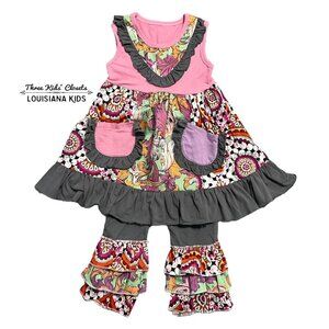 Girls S (2T) Mixed Print Ruffle Dress & Pants Set